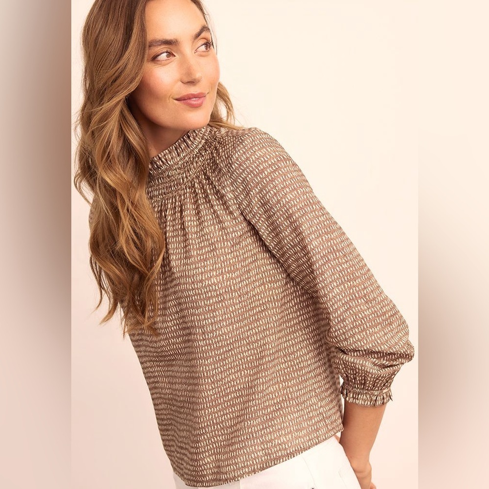 J.McLaughlin Antonia blouse Khaki/cream Abstract Order Large Ruffle Cottagecore - Picture 1 of 14